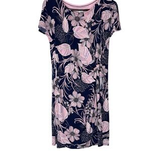 Robbie Bee Navy Floral Pink Short Sleeve Knit Dress Women Size Medium‎
